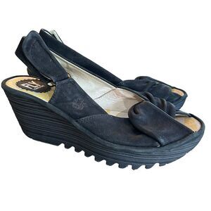 FLY LONDON Yakin Wedge Sandals Size 38 US 7.5 Womens Black Leather Peep Toe
